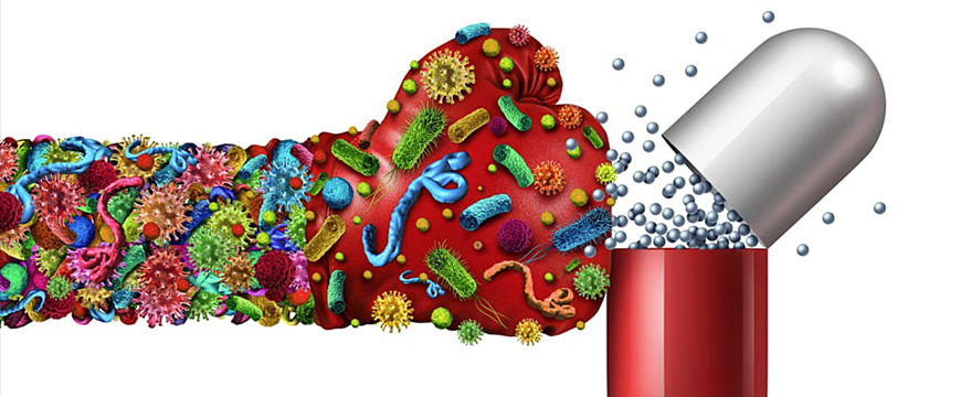 Microbes depicted as a hand punching antibiotics