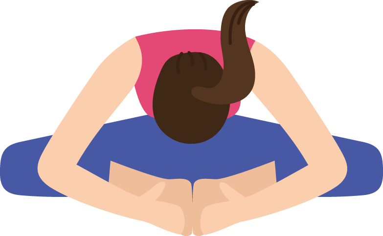 Woman is in the butterfly position. The woman is sat on the floor with her legs crossed. She is bent over in the butterfly position. 