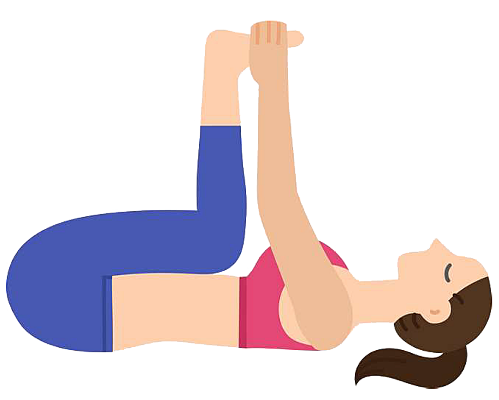 The woman in the happy baby position. The woman is lying on her back with her hands grabbing her feet in the air. 