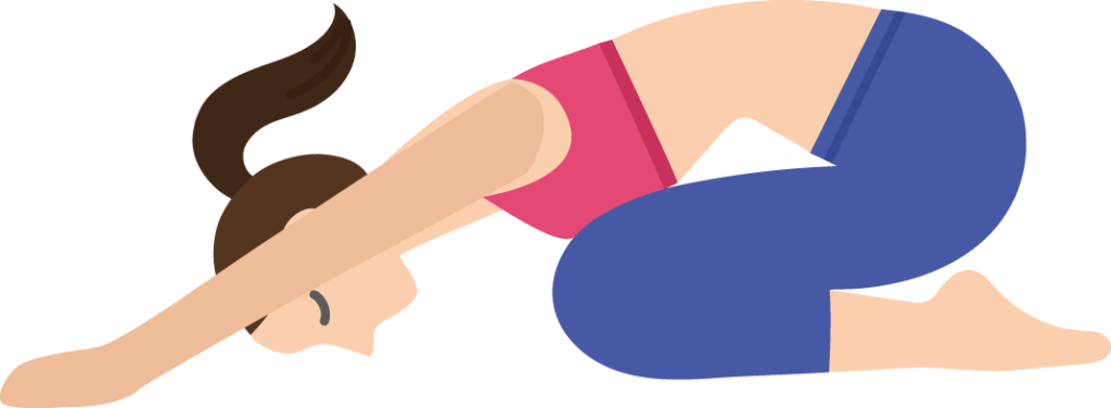 Woman is in the child's pose. The woman is kneeling on the floor, bent forward with her arms stretched in front of her. 