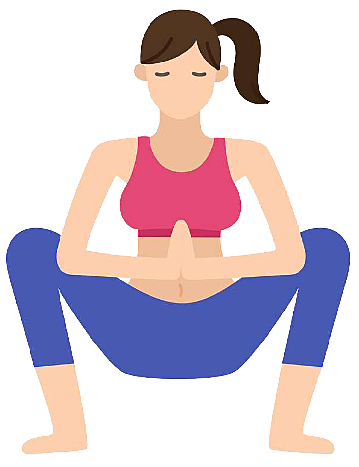 Woman in the relaxed frog position. The woman is bending down with her hands together. 