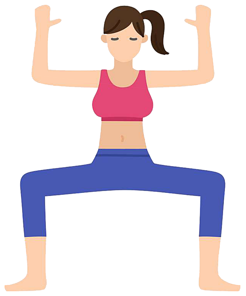 The woman is in the pile squat pose. The woman is standing with her feet apart and knees bent. Her arms are raised above her head in a U shape.