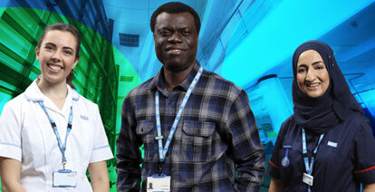 Three members of Team WCHC wearing NHS lanyards and two in clinical uniform, smiling