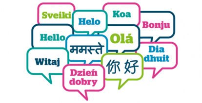 Hello in different languages in speech bubbles